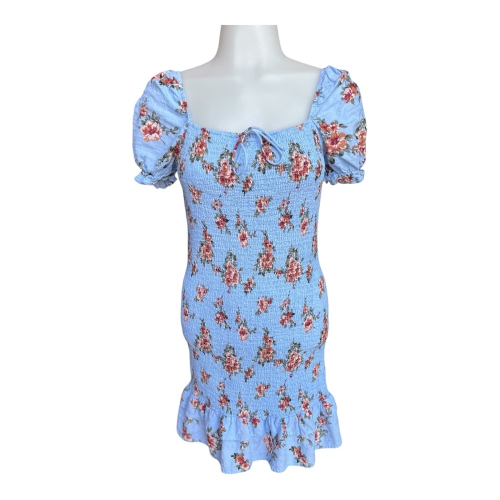 Small Leche Floral Puff Sleeve Blue Mini Dress cotton